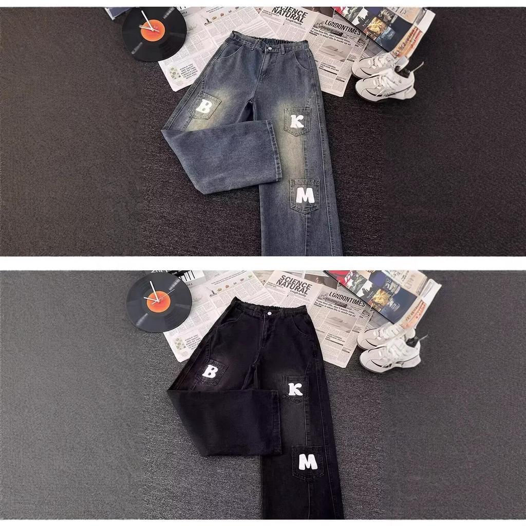 Hong Kong Trendy Men's Summer New Personalized Letter Jeans Hip Hop Ins Trendy High Street Trendy Ruffian Handsome Trousers