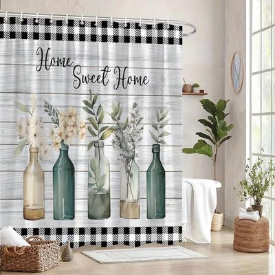 Floral Glass Bottles Shower Curtain - "Home Sweet Home", White & Yellow Flowers, Rustic Wood, Cozy Bathroom Decor, Polyeste