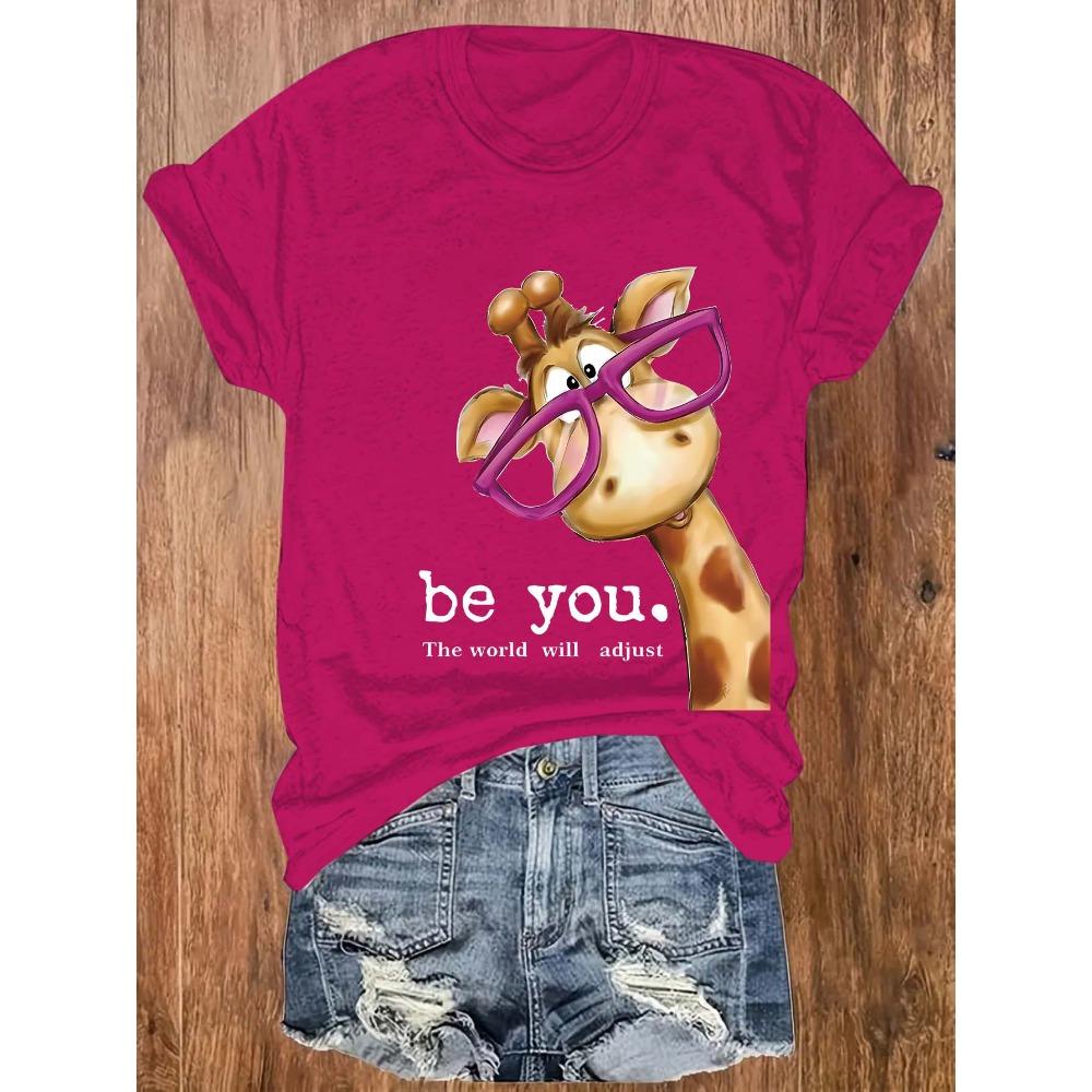 Be You The World Will Adjust Women's Tee - Cute Giraffe With Glasses Graphic, Casual Green Top