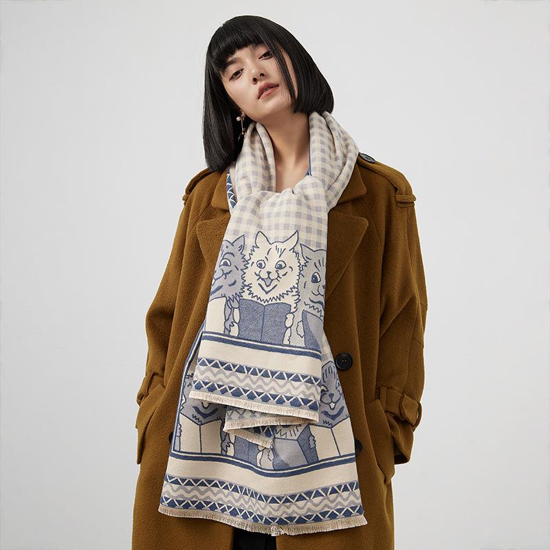 Imitation Cashmere Plaid Scarf Women'S Cute Kitten Printing Trend Big Shawl Warm Thick Scarf