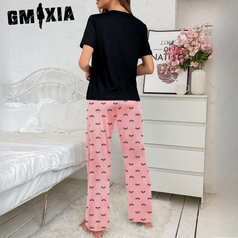GMXIA Spring/Summer Women's Homewear Printed Letter Short Sleeve Long Pants Women's Pajamas Set