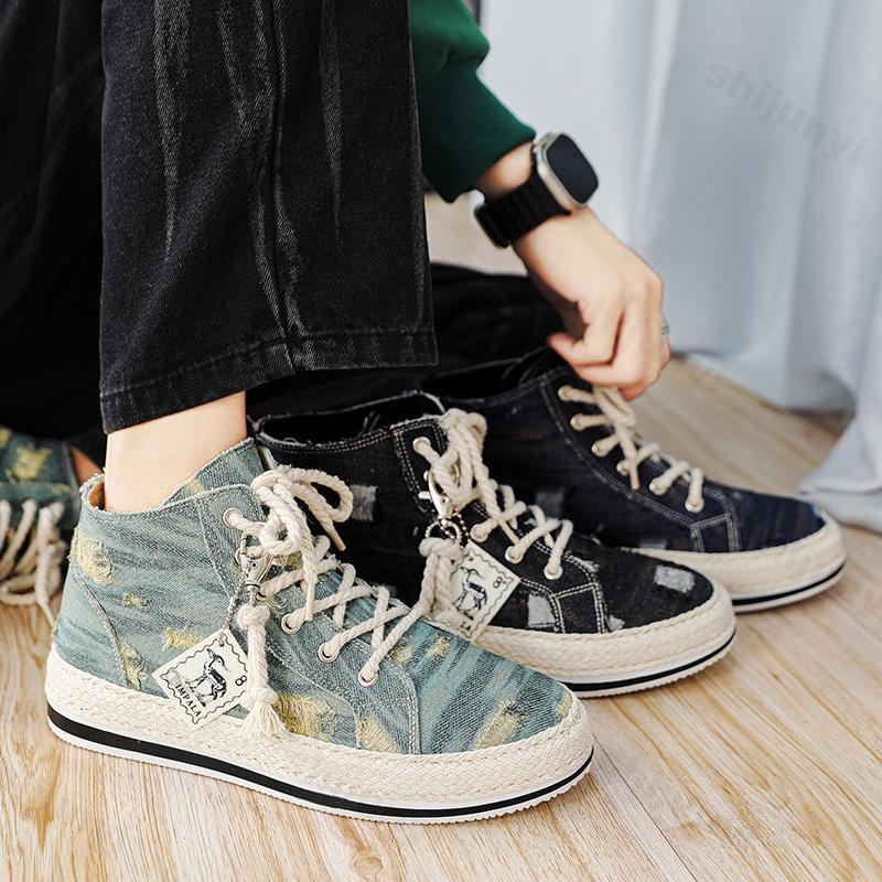 Fashion 2025 Spring New High Top Men's Shoes Niche Design Casual Board Shoes Washed Color Fly Weave Sports Fashion Trend Chunky sneakers