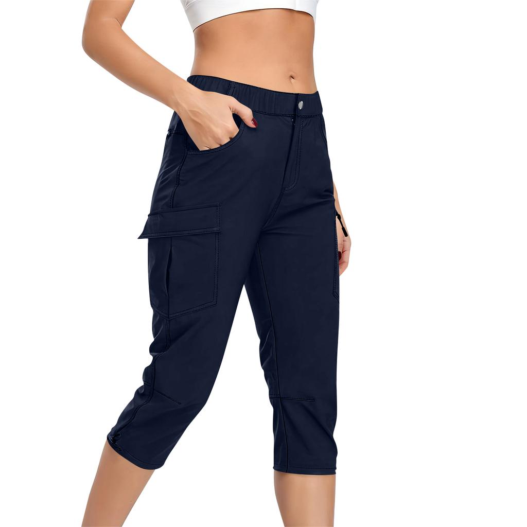 Women’s Stretch Waist Cargo Capri Pants with Multiple Pockets and Adjustable Hem for Outdoor Activities