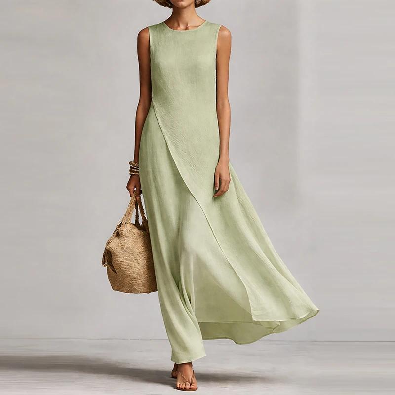 Summer Maxi Dresses For Women Casual O Neck Sleeveless Loose Asymmetrical Hem Long Dress Women Elegant Beach Holiday Sundress