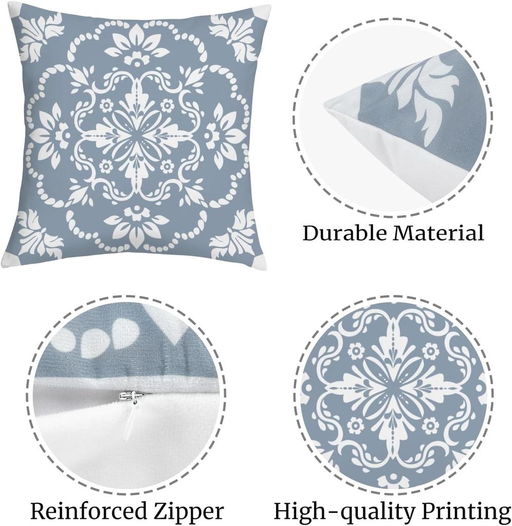 4 Stück Blau-Graue Damast-Kissenbezüge, Vintage Florale Kissenhüllen für Sofa Schlafzimmer Wohnzimmer Heimdekoration 45x45cm