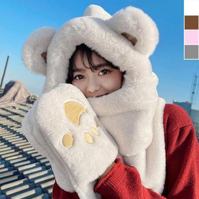 Winter Bear Paw Gloves, Integrated Hood, Scarf, and Hat