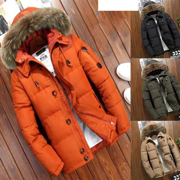 2019 Herren Daunenjacke, kurz, dick, mit Kapuze, großer Pelzkragen, winddicht, dicke Jacke, Outdoor-Overall