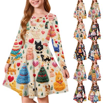 Sommer-Prinzessinnenkleid für Mädchen, Langarm A-Linien T-Shirt-Kleid Valentinstag