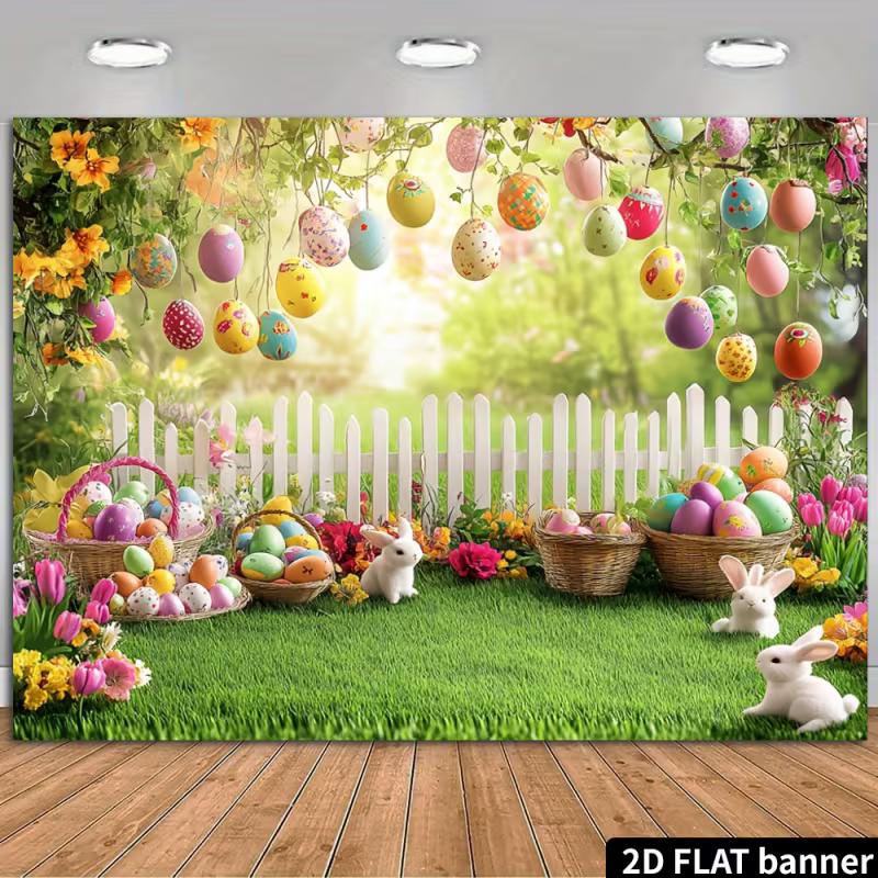 

2D Spring Easter Backdrop - Floral Garden Easter Eggs & Rabbit Banner for Easter Celebration Photoshoot 47.2x31.5inch/120*80cm
