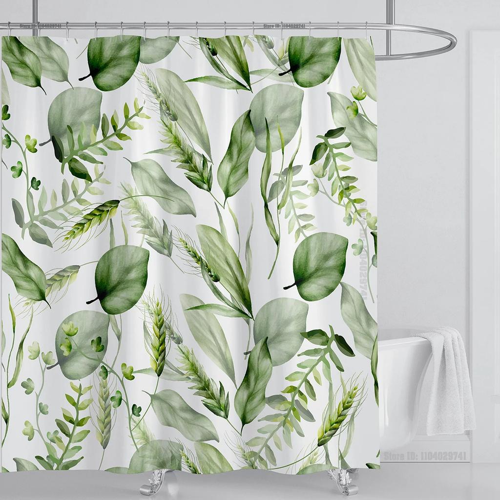 Watercolor Leaves On The Top Plant With Floral Bathroom Greenery Leaf Decoration Watercolor Botanical Shower Curtain With Hooks