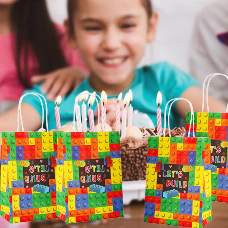 Building Blocks Brick Party Favors Gift Bags, Treat Paper Bag With Handle For Boy Kids Birthday, Baby Shower Decorations, 20Pcs
