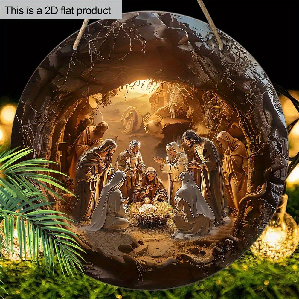 Nativity Scene Round Wooden Hanging Sign, 2D Flat Printed Christmas Wall Door Ornament, Religious Xmas Home Decor Gift