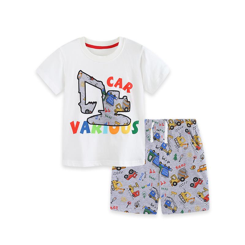 European Style Excavator Print Boys  Short Sleeve Summer Two-Piece Set 90cm