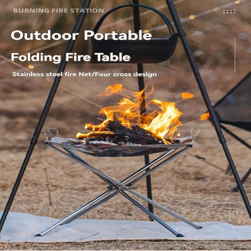 Foyer Portatif Extérieur Grille en Acier Pliante Support de Feu Poêle Chauffage au Bois Matériel de Camping Jardin Arrière Avec Sac de Transport
