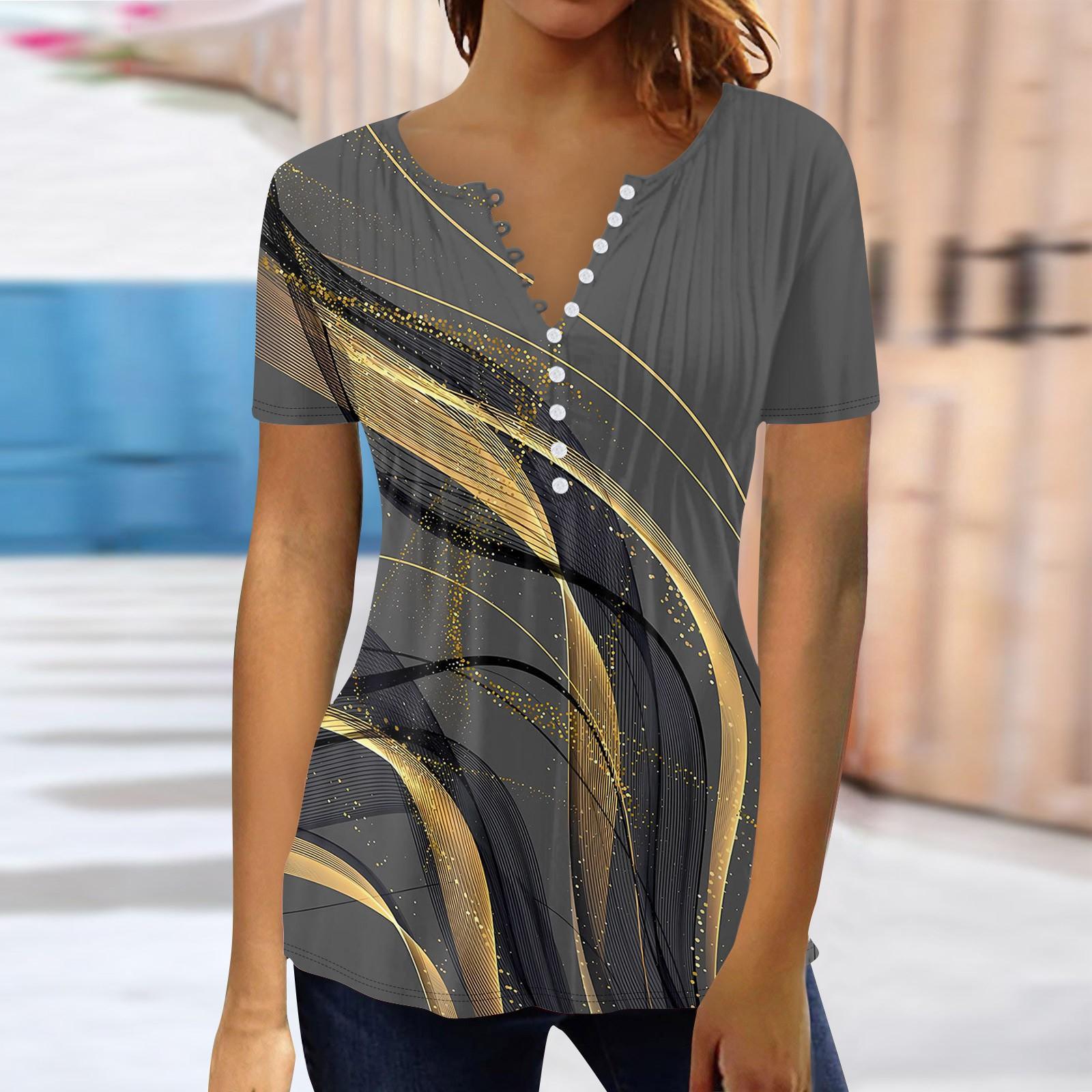 

Летние топы для женщин, модные рубашки-туники с принтом в стиле бохо, футболка с короткими рукавами и пуговицами, V-образный вырез, повседневная свободная блузка M