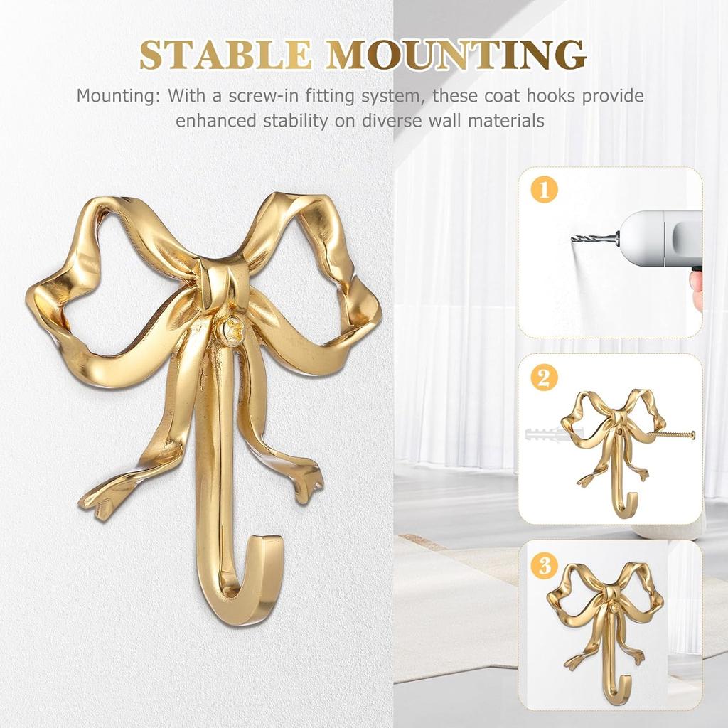 Bow Hook for Wall Decorative Bowknot Hook Gold Coat Hooks Wall Peg Hook Bow Hanging Hook Towel Hook Brass Bow Hook for Home (2.63X2.52X0.59in,Gold)