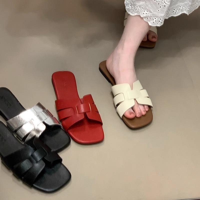 Sheepskin Version! Retro Brown Sandals Women's Summer Square Head One-word Open-toe Rear Strap Thick Heel Casual Roman Shoes