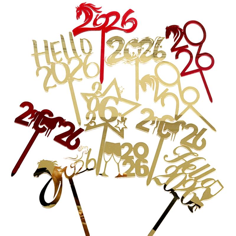 2026 Happy New Year Party Cake Topper Decoration Gold Acrylic Dessert Flag Kids New Year Xmas Gift Cake Topper Baking Supplies