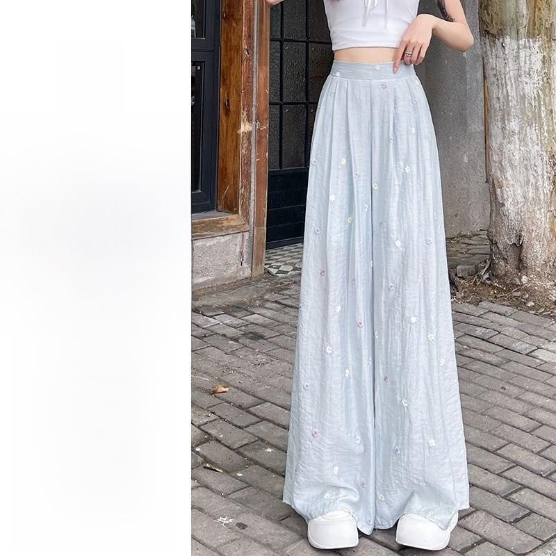 Womens Linen Wide Leg Pants With Embroidery For Summer Casual Wear