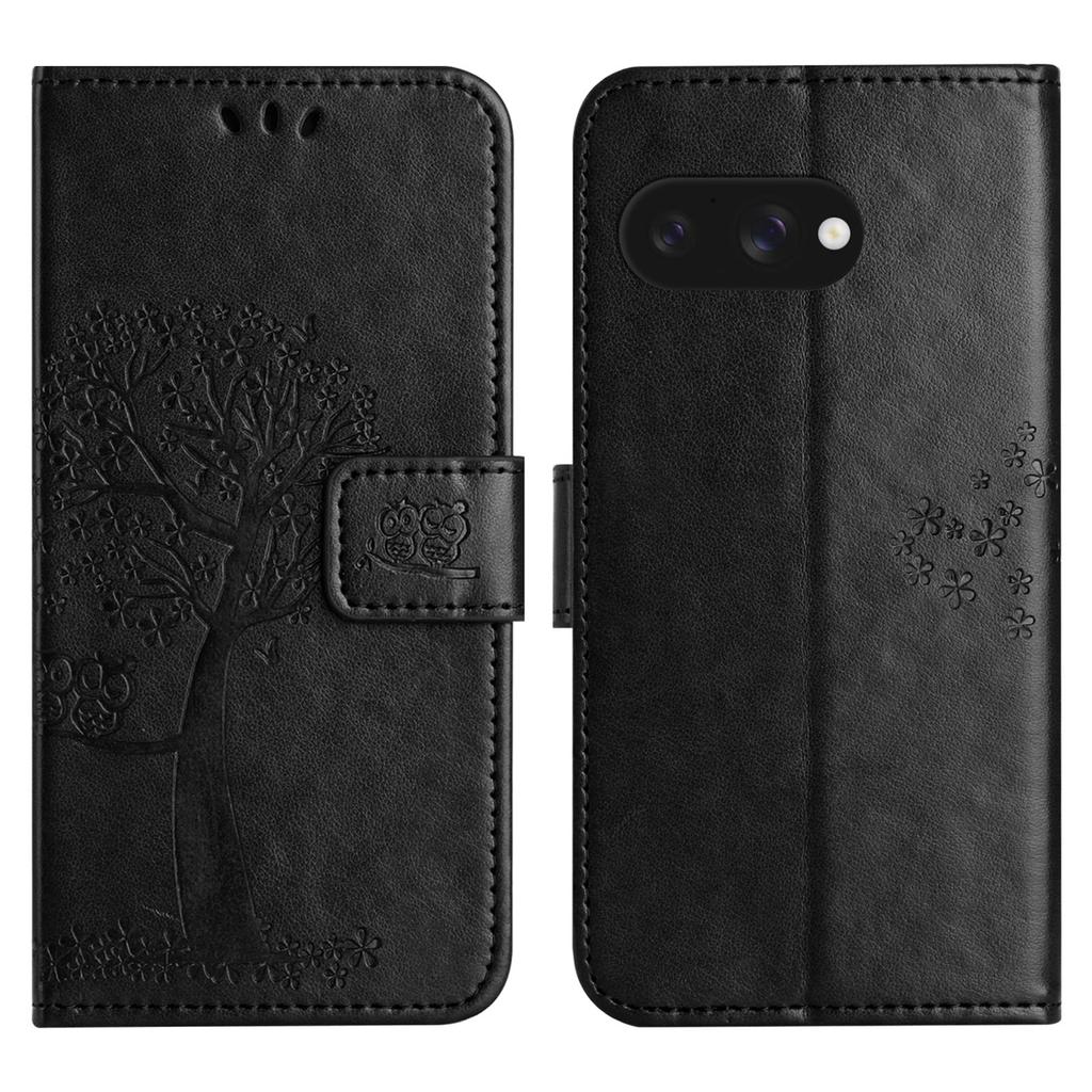 For Google Pixel 9a Case PU Leather Owl Tree Imprinted Wallet Phone Cover