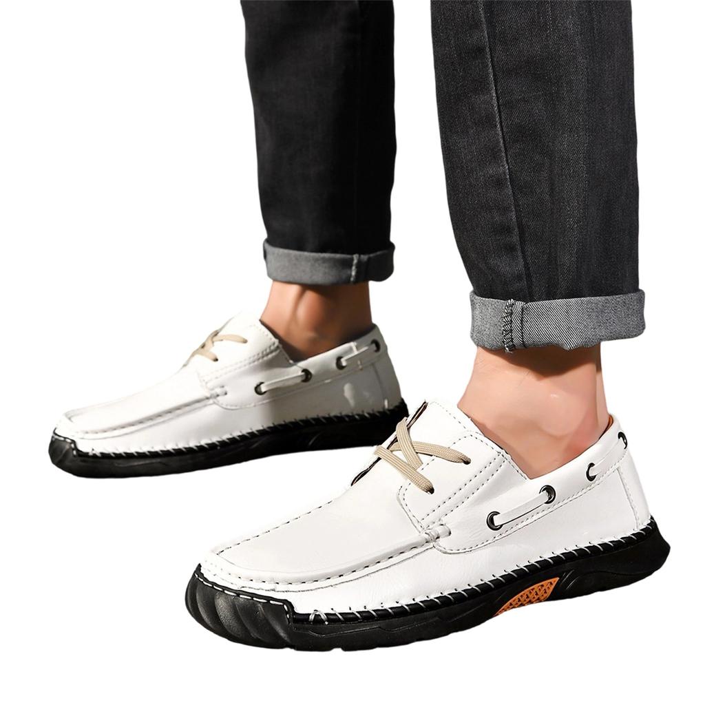 Men's Casual Large Size Lace-Up Round Toe Leather Loafers Slip-On Shoes Durable Flexible Sole Comfortable Fit
