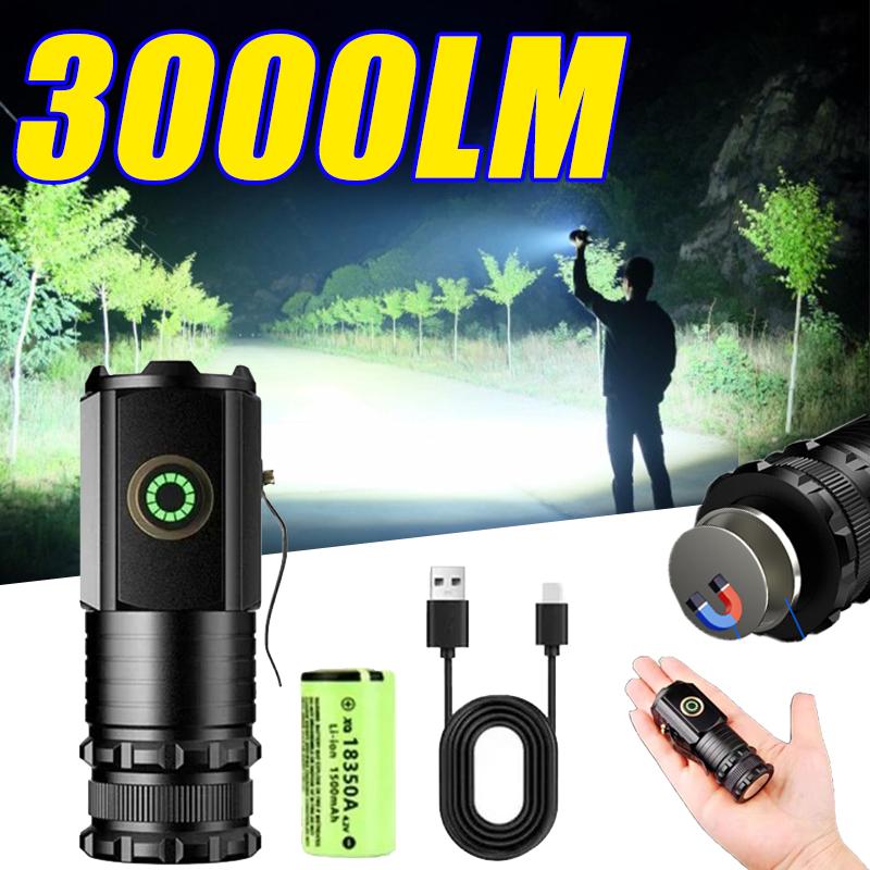 3000LM Super Bright USB Rechargeable Flashlight Powerful Mini EDC LED Flashlight Camping Light with Power Indicator