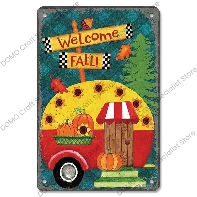 Welcome Poster Metal Plate Vintage Pumpkin Sunflower Bird Metal Tin Signs Wall Decor Garden Door Cafe Party