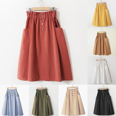 Frauen Damen Casual Hohe Taille Rock Reine Farbe Vintage Bequeme Lange Kleid Knopf