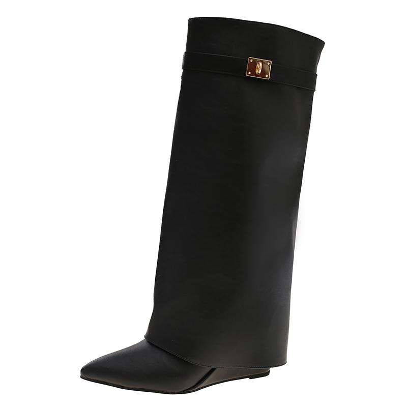 Fashion 2025 New High Quality Metal Decor Wedge Heel Knee High Boots Women Autumn Winter Fashion Pants Boots Woman Leather Long Boots