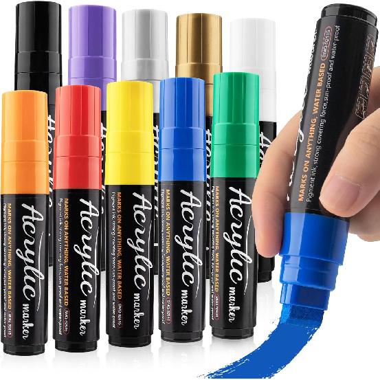 Acrylic Paint Markers - 10 Jumbo Colored Markers, 15mm Jumbo Felt Tip, Waterproof and Permanent Ink Acrylic Paint Marker Pens for Rock Painting,