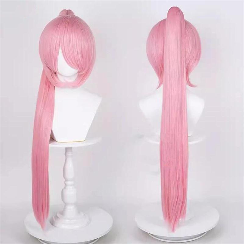 Peruca de cosplay de rabo de cavalo reto de 90 cm, peruca curta de anime, peruca universal multicolorida, resistente ao calor, cabelo sintético + touca