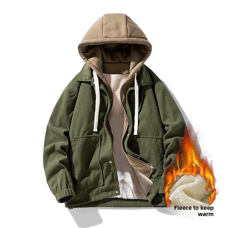 Cordjacke mit Kapuze für Paare mit dickem Samt für Herbst und Winter Herren Fake-Zweiteiler Hoodie-Jacke