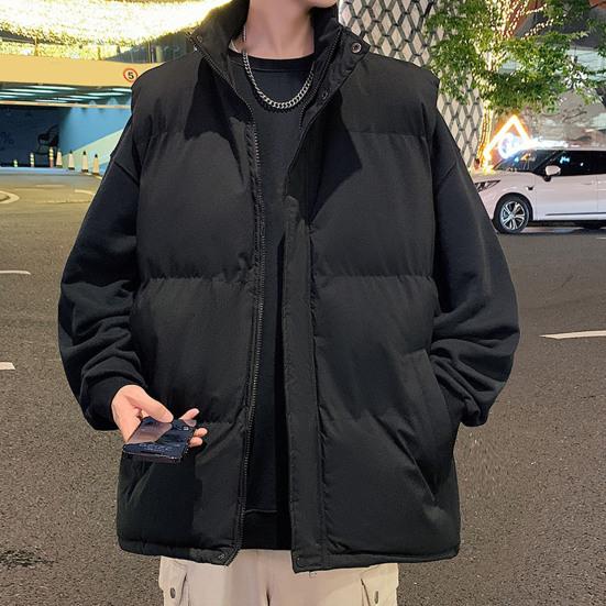 Men Cotton Waistcoat Stand Collar Sleeveless Pockets Quilted Vest Coat Solid Color