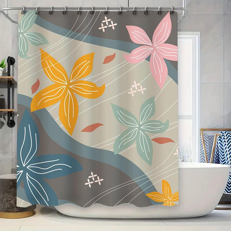 

Modern Floral Print Shower Curtain Blue Yellow Pink Design Polyester Fabric Waterproof Washable Bathroom Decor W60H190(CM)-1 Pcs