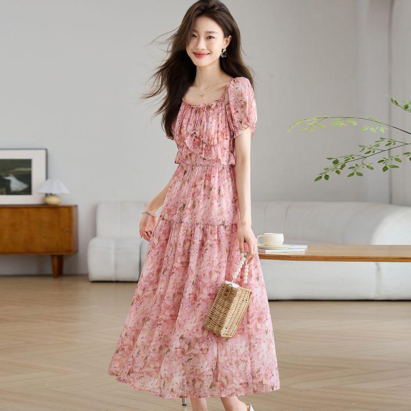 

Classy Silk Dress 2025 New Arrival Women s Summer Elegant Luxury Big Brand off-Shoulder Mulberry Silk Floral Skirt Pink M