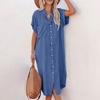 QICED Fashion Summer Spring Solid Color Print Short Sleeve POLO Neck Casual Dresses