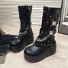 Petit Heightened Wedge Heel Boots Autumn New Round Toe Studded Metal Buckle Side Zipper Platform Non-Slip Mid-Tube Boots