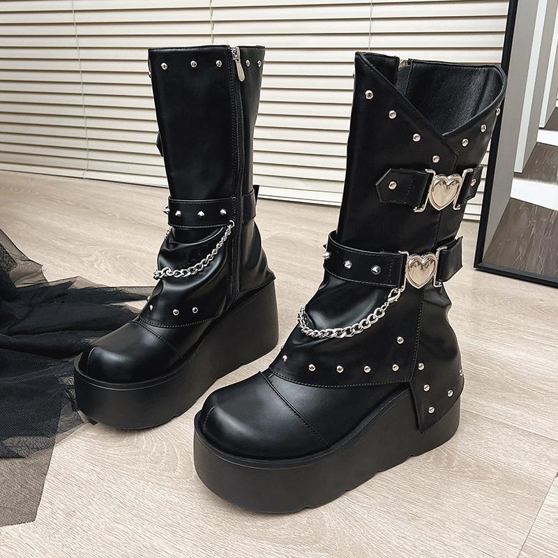 Petit Heightened Wedge Heel Boots Autumn New Round Toe Studded Metal Buckle Side Zipper Platform Non-Slip Mid-Tube Boots