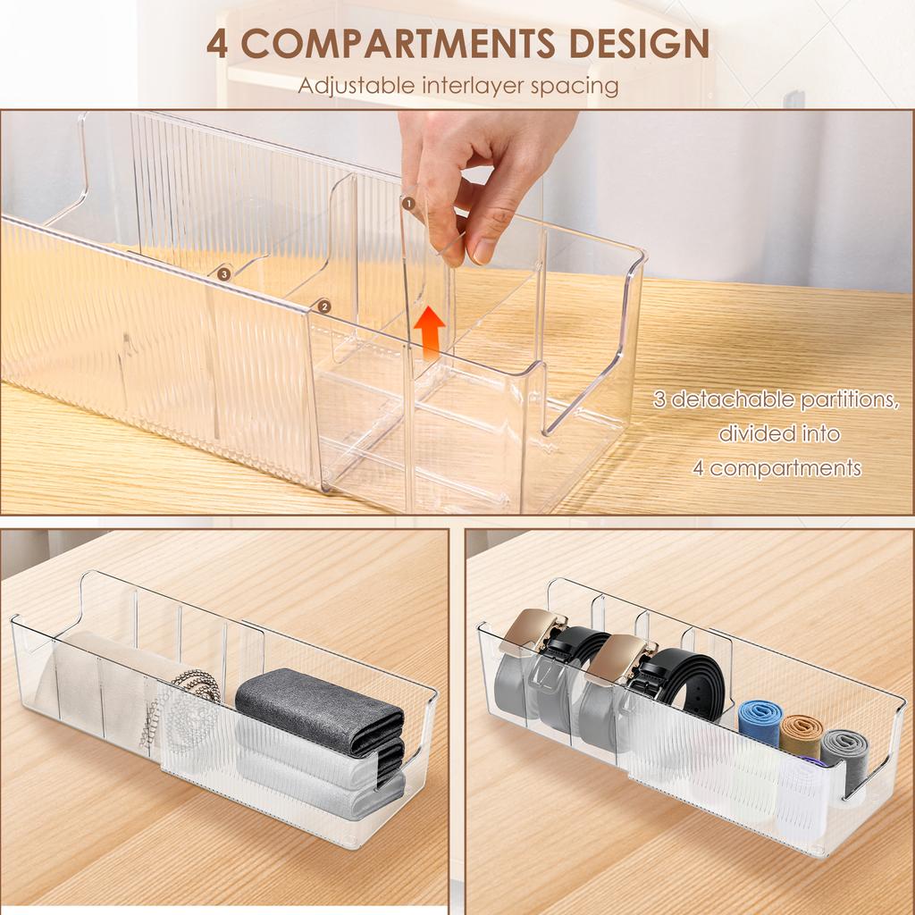 2Pcs Belt Organizer Boxes PET Transparent Belt Storage Holder with Removable Dividers 4 Grid Extendable Belt Container for Home