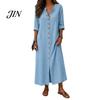 Casual Jurk voor Dames Zomerse Knopen Lange Jurk, Losse V-hals Tunique voor Dagelijks Gebruik Opgerolde Mouwen Vakantie Loungewear Middellang
