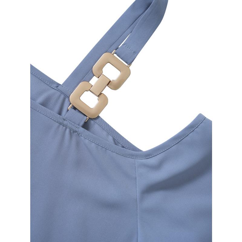 Spring Summer Blouses Women's Slanted Neck Shirt with Loose Five Quarter Sleeves Fashion Casual Solid Color Metal Buckle Single Shoulder Top Women