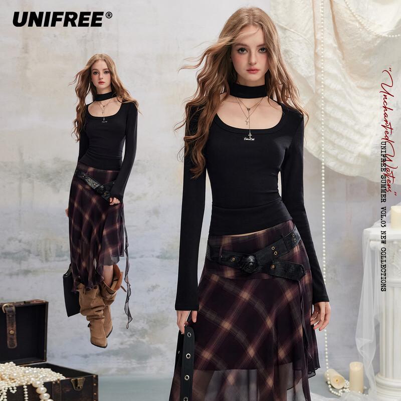 UNIFREE Women s Square Neck Long Sleeve Slim Fit T-Shirt One Size
