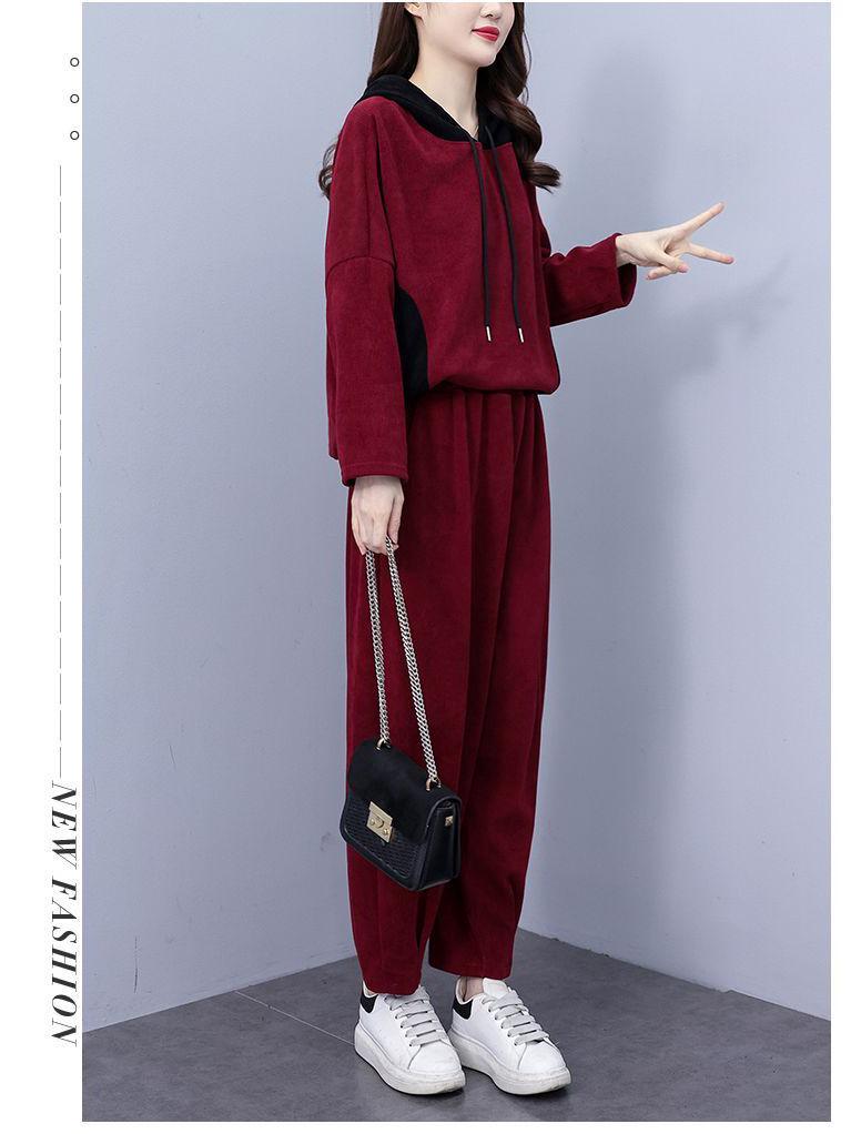 Zesílený manšestrový módní set s kapucí - Nadměrná velikost podzimní ležérní dvoudílný outfit