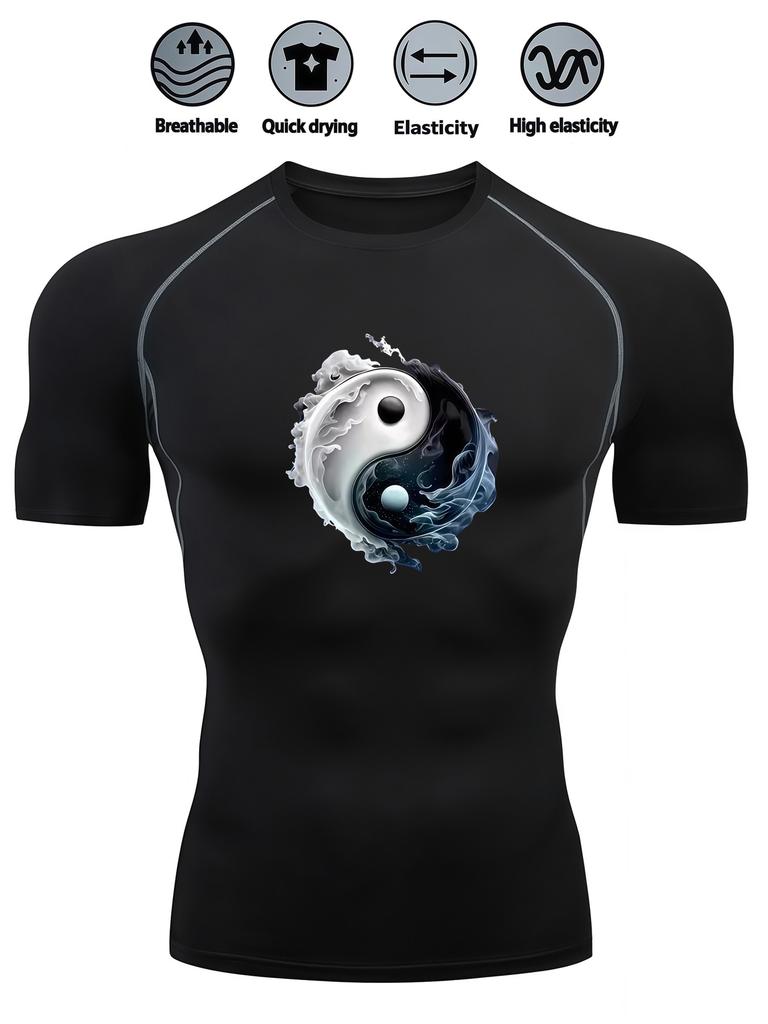 Mens White Compression Short Sleeve T-Shirt Yin Yang Graphic Quick Dry Breathable High Elasticity Gym And Running Athletic Top