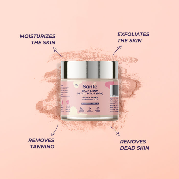 Sanfe Back & Bum Detox Scrub (Dry) With Peach Extracts & Olive Oil - 100gm