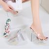 Women Summer 14cm High Heels 4cm Platform Slides Mules Lady Floral Print Stripper Slippers Blue Clear Extreme Heels Shoes