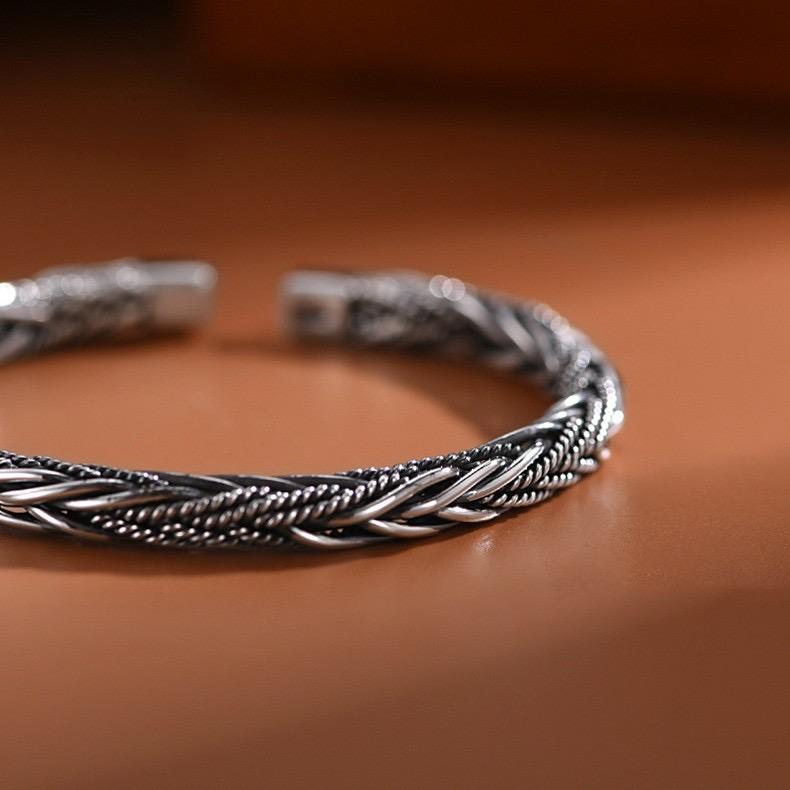 100% Solid 925 Sterling Silver Retro Bracelet for Women Men Vintage Handmade Interware Bar Simple Bracelet Birthday Gift