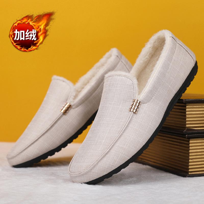 

Зимняя парусиновая обувь 2025 года, обувь дуду, мужская повседневная обувь, флисовая теплая, ленивая, на одном педале, парусиновая обувь, мужской большой размер 46