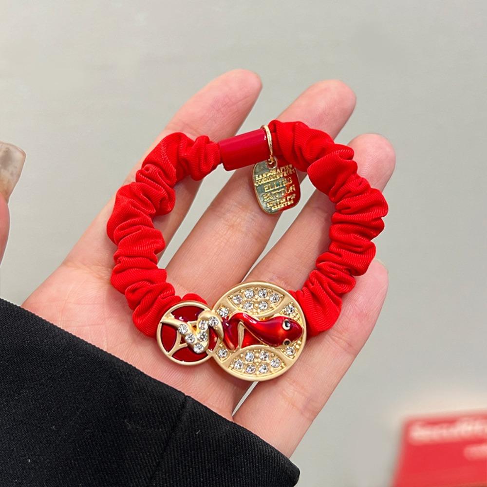 Rhinestone New Year Hair Rope Red Chinese Style Bracelet Elastic Snake Year Hair Ring  Girls