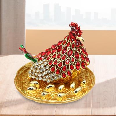 Enameled Chicken Figurine Jewelry Box Organizer Hen Style Decorative Tabletop Metal Treasure